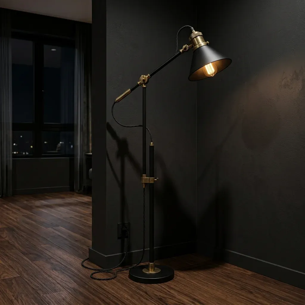 Lámpara de pie industrial en un rincón oscuro minimalista