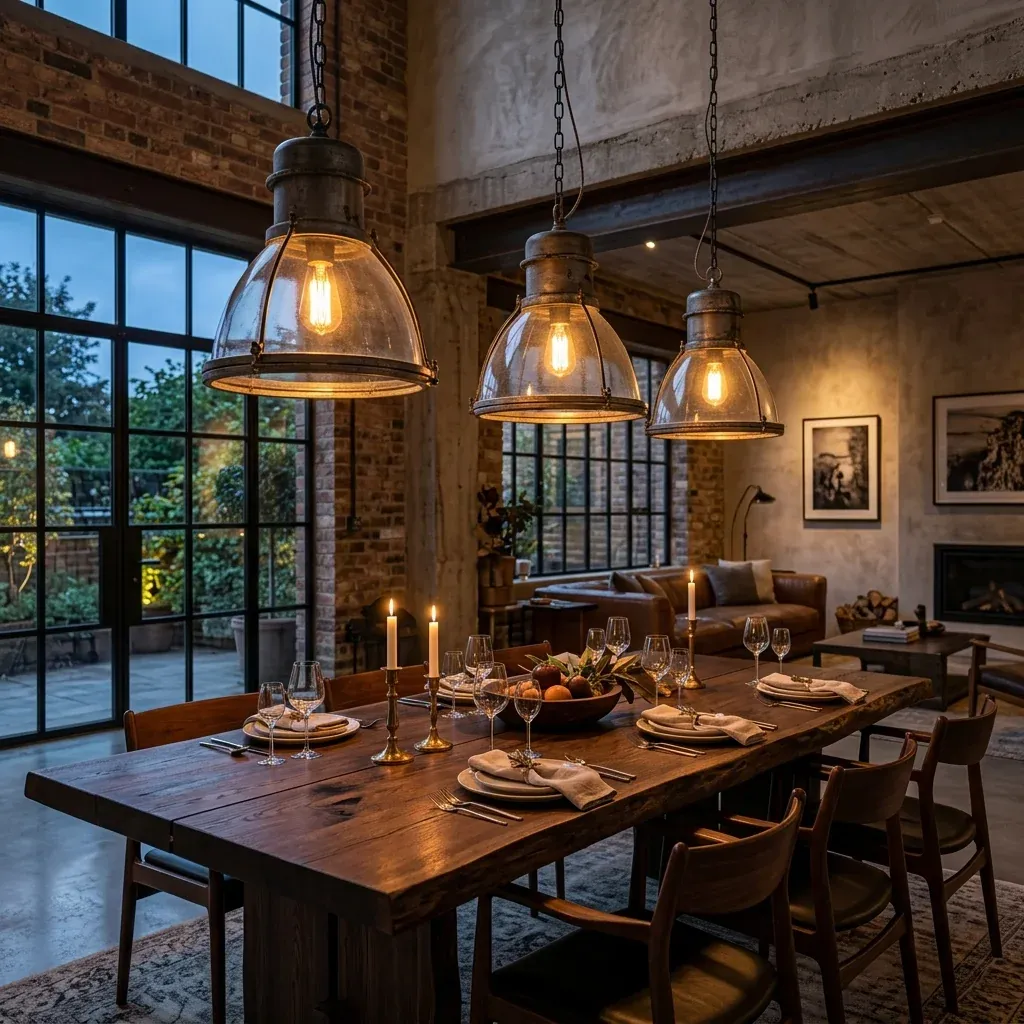 Esculturas luminosas colgantes sobre mesa de comedor premium