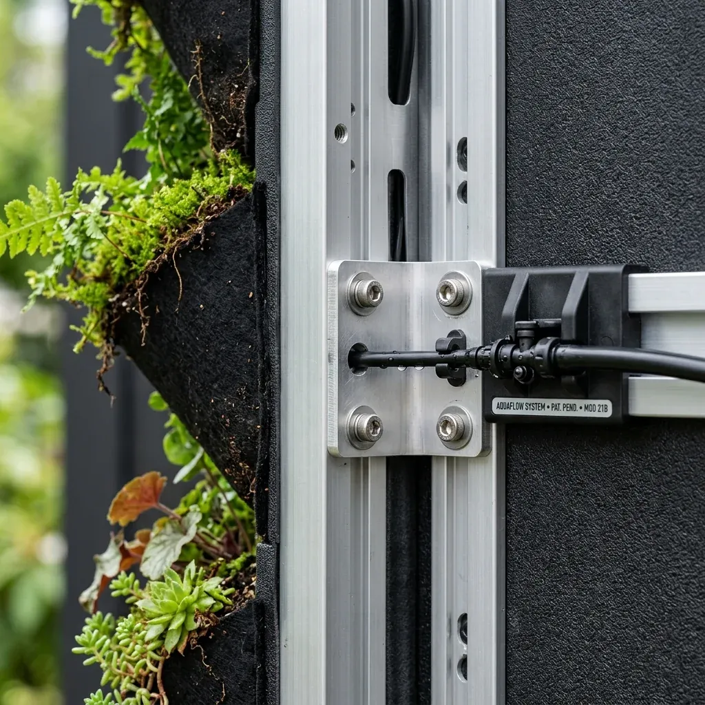 Detalle técnico de la estructura de riego de un jardín vertical